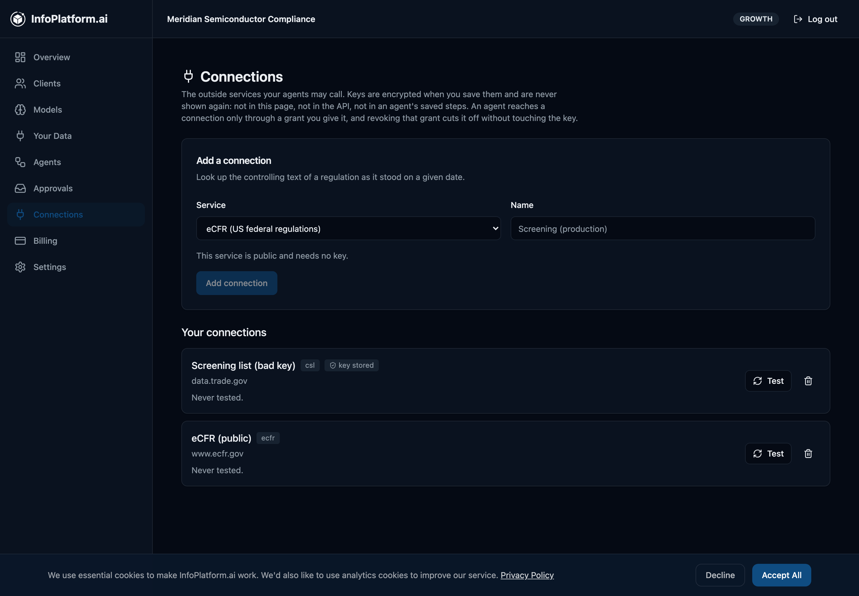 InfoPlatform.ai Connections tab