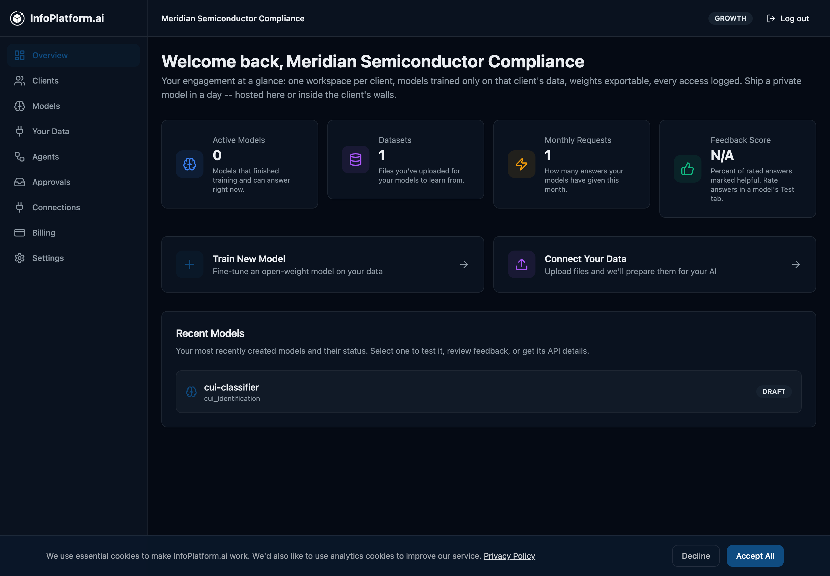 InfoPlatform.ai dashboard: your models, datasets, and usage at a glance