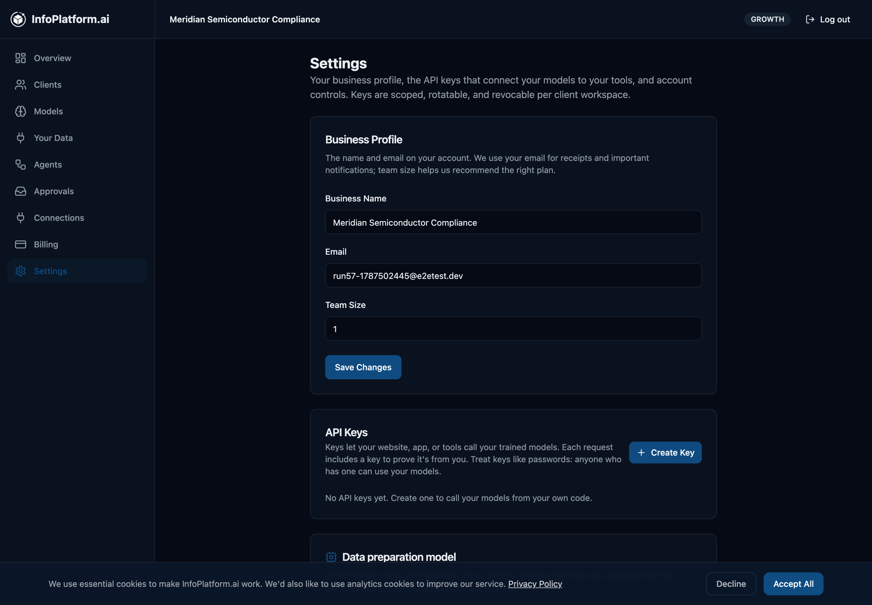 InfoPlatform.ai Settings tab